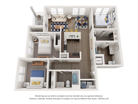 Floor plan for 3 beds, 2 baths, 1116 sqft